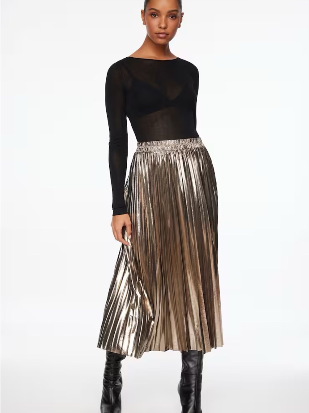 Dynamite Metallic Gold Pleated Midi Skirt